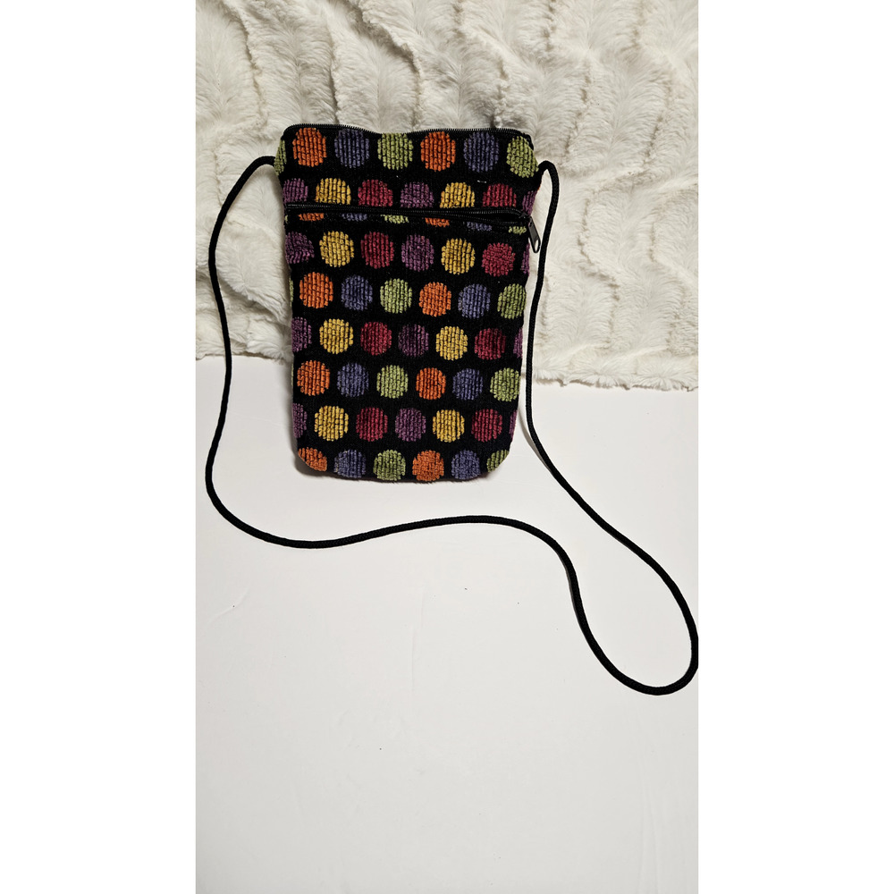 Vtg Multicolor Chenille Polka Dot Crossbody Pouch Bag Black Padded Zip Phone Bag